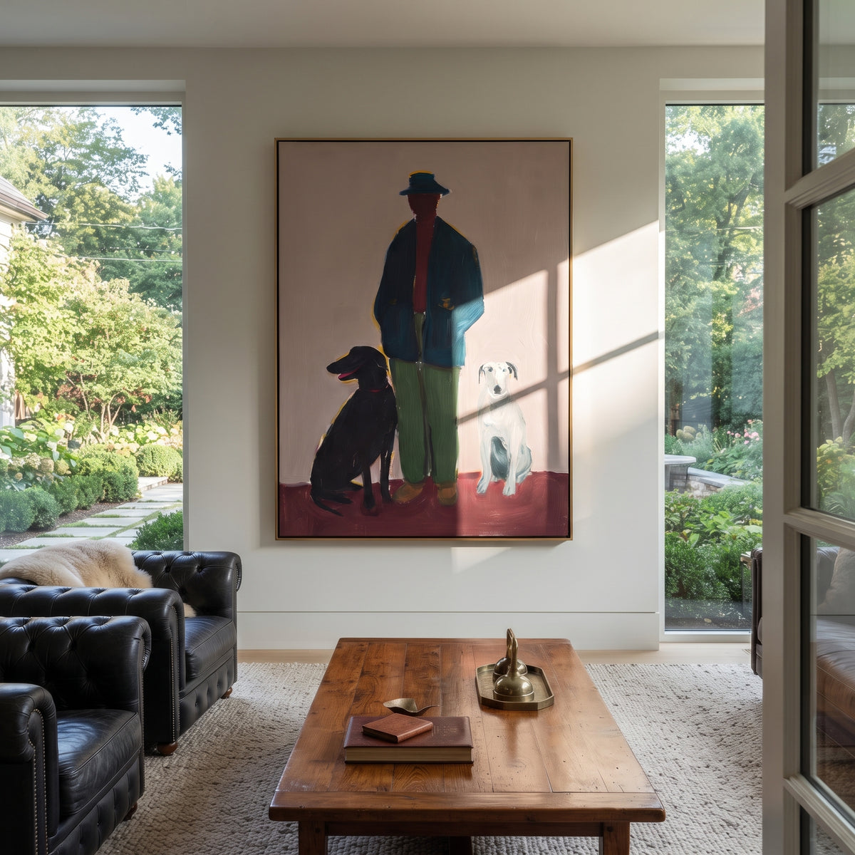 Three Friends Mauve Morning people and pets wall art above contemporary furnishings