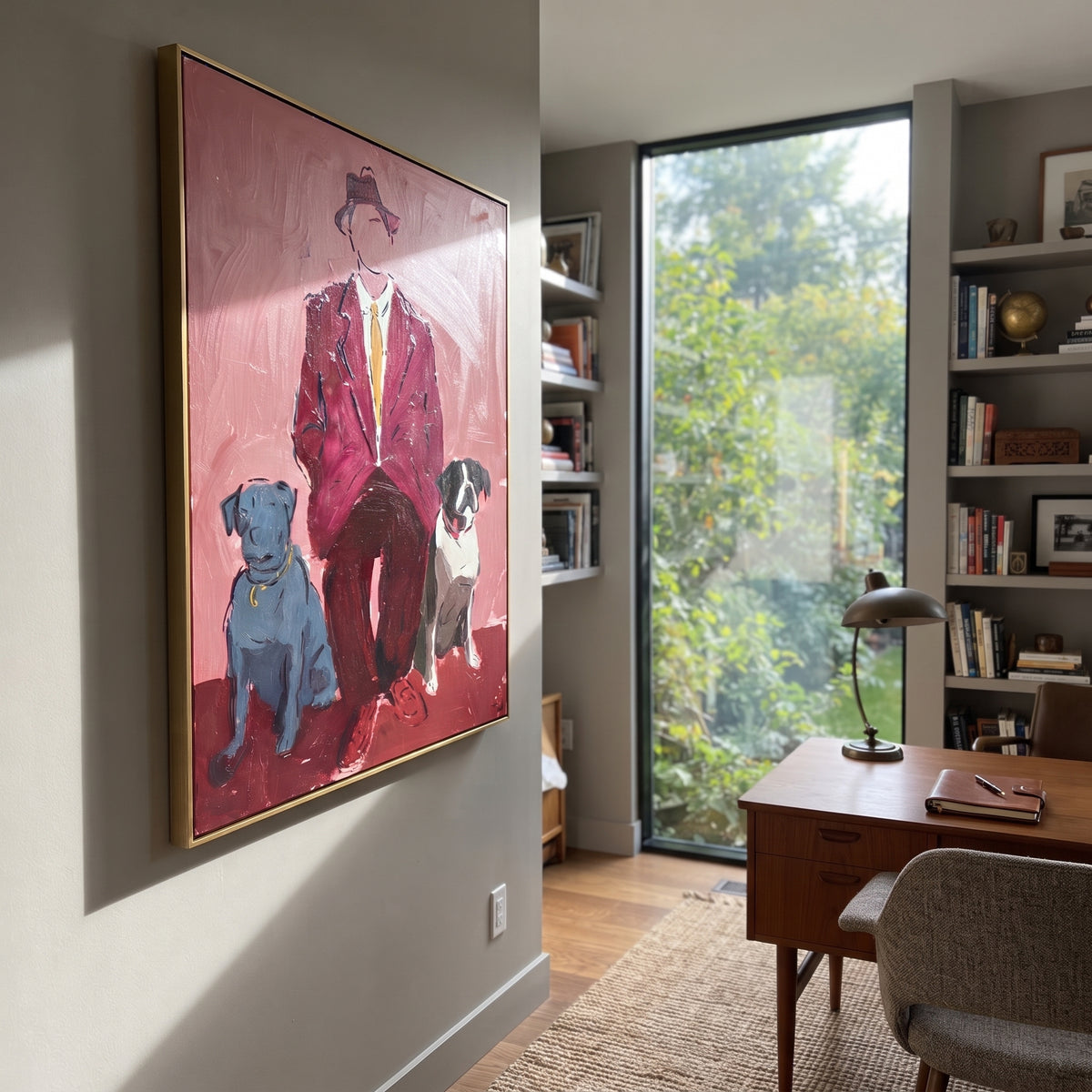 Red Suit Keeps Company painting presented in an alternate room setting