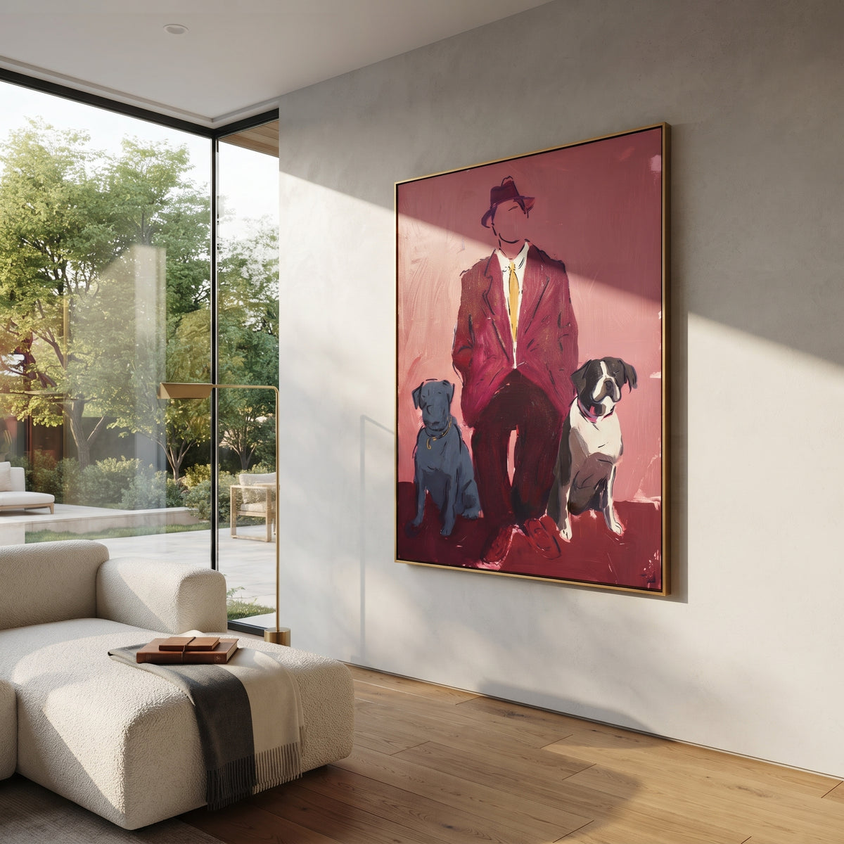 Red Suit Keeps Company artwork styled as a warm modern focal point