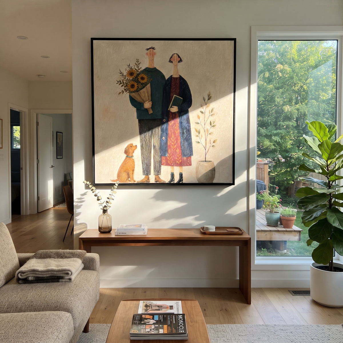 Sunflowers Gather Family Close people and pets wall art above contemporary furnishings