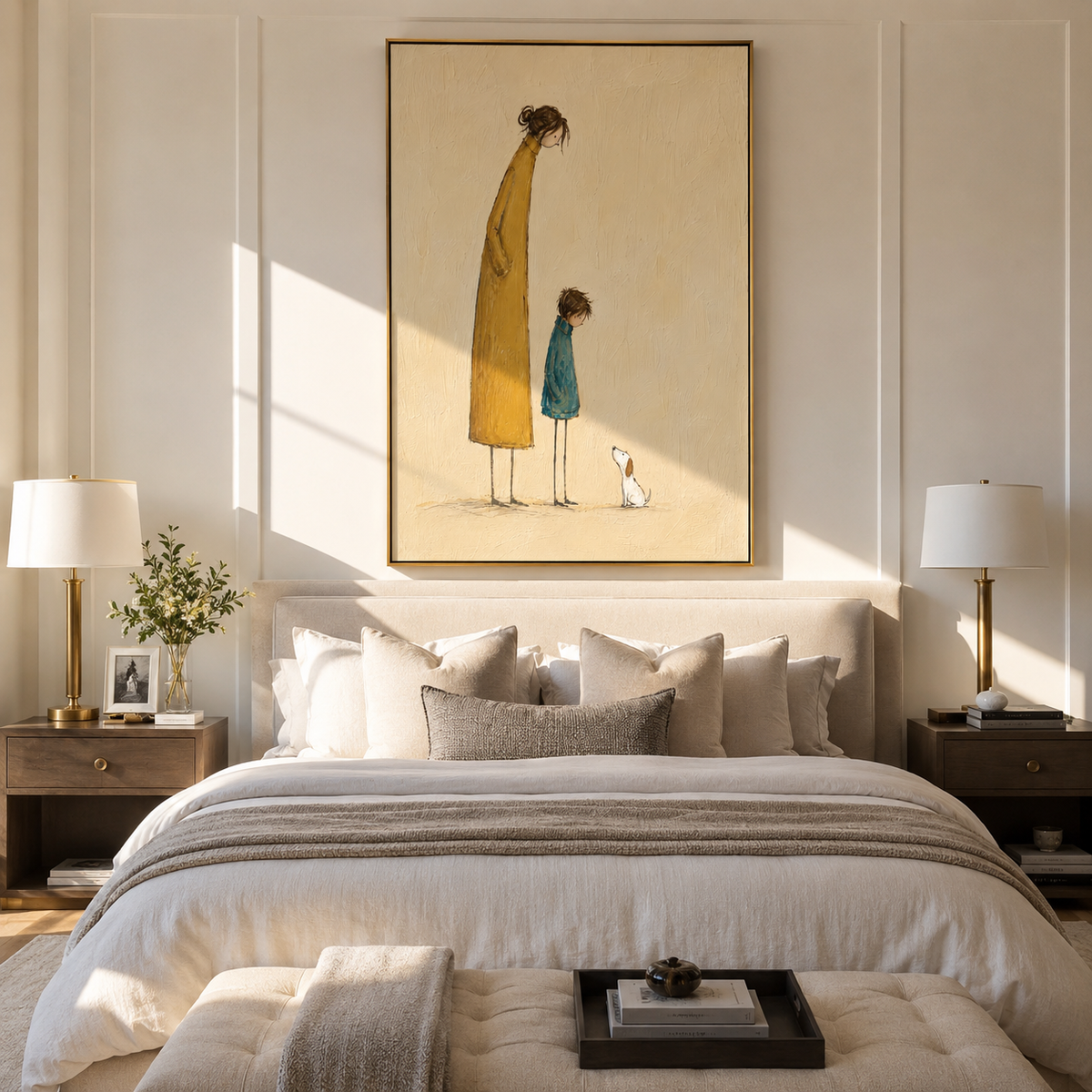 Tall Coat Small Wonders people and pets wall art above contemporary furnishings