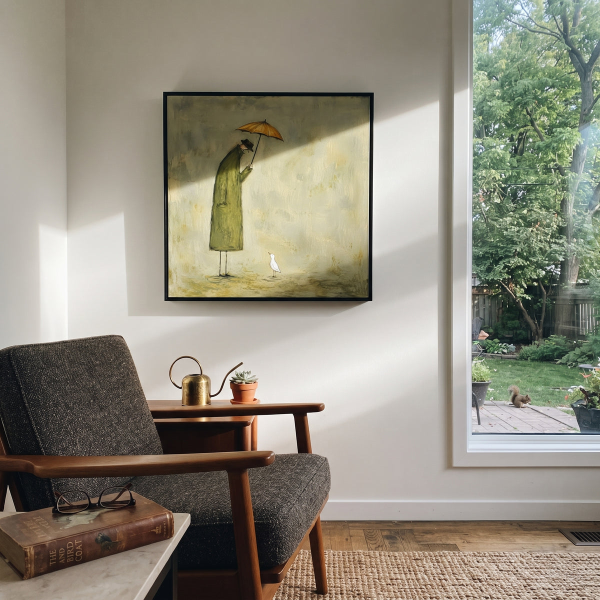 Umbrella Above White Duck painting presented in an alternate room setting
