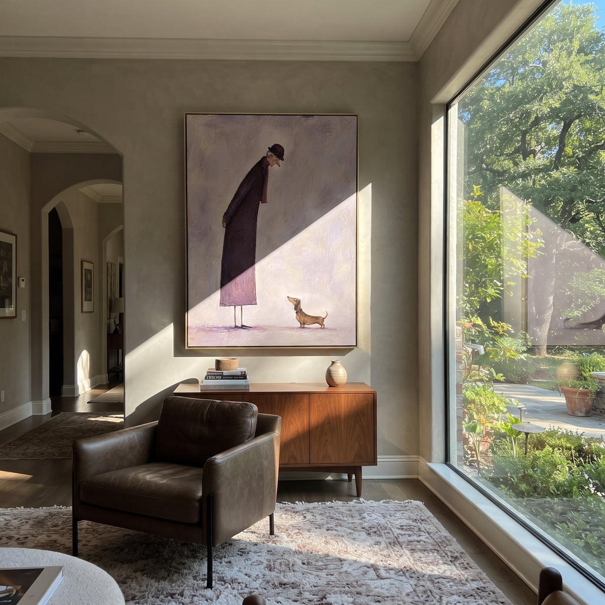 Purple Coat Bends Kindly woman greeting dachshund painting displayed in a styled interior