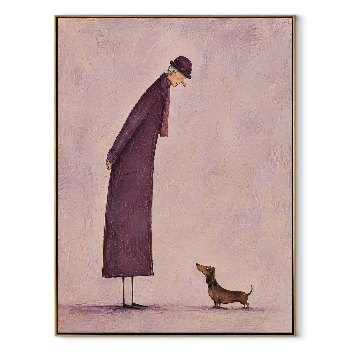 Purple Coat Bends Kindly vertical painting in a wood frame on a white background