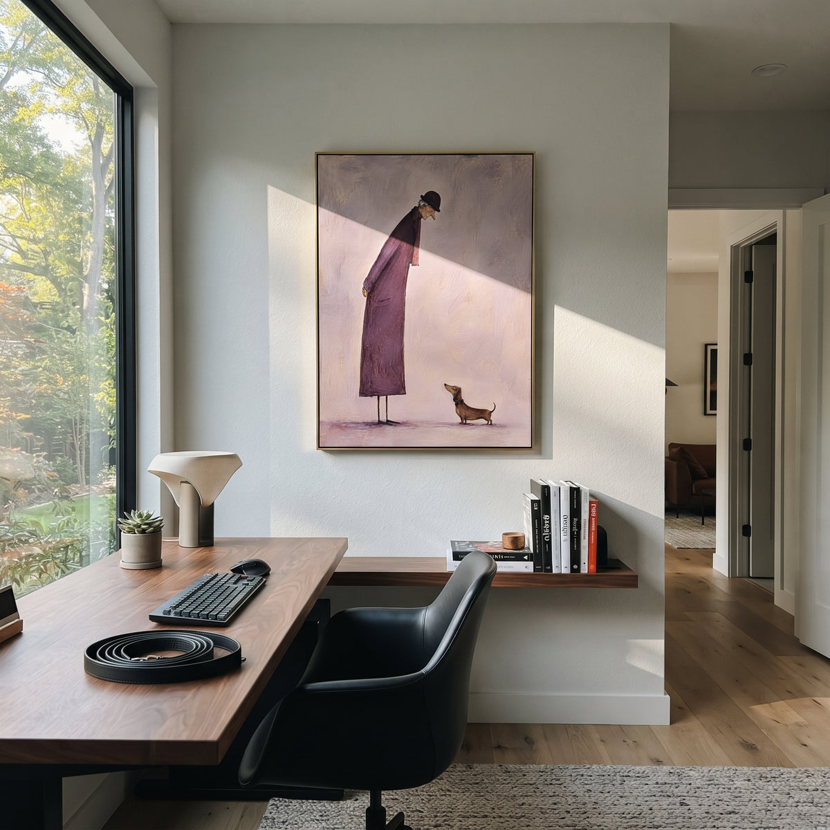 Purple Coat Bends Kindly painting presented in an alternate room setting
