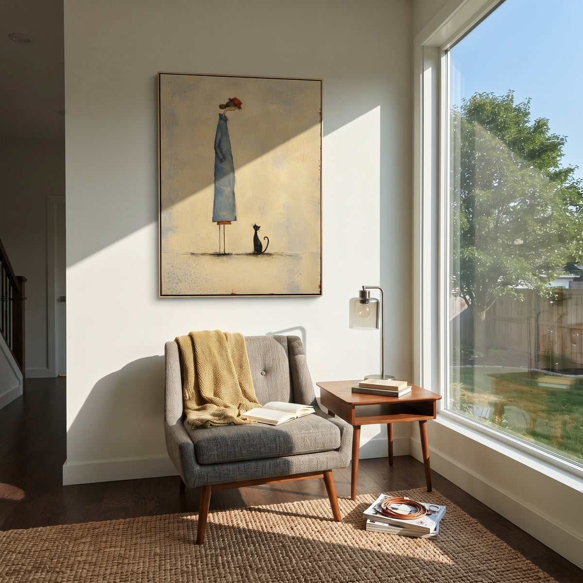 Blue Figure Black Cat tall woman and cat painting displayed in a styled interior