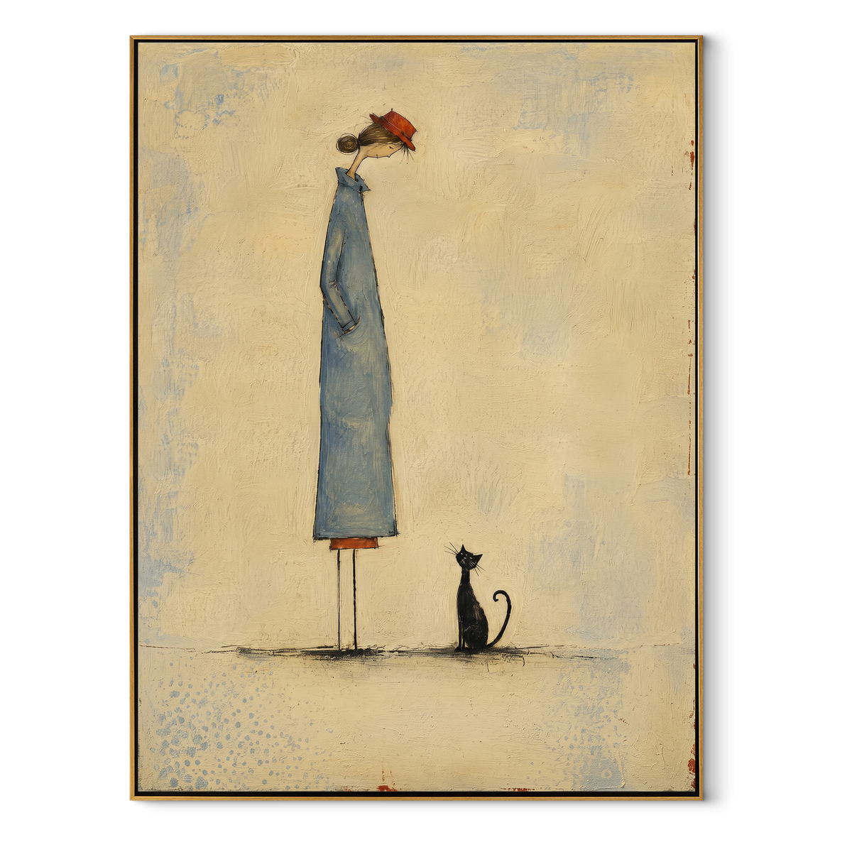 Blue Figure Black Cat vertical painting in a wood frame on a white background