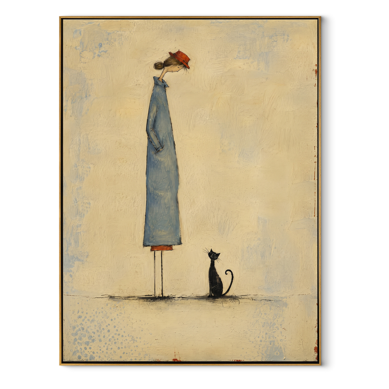 Blue Figure Black Cat – Tall Woman and Cat Painting | Modern Vertical Wall Art