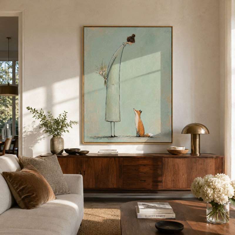 Fox Waits Beside White – Woman and Fox Painting | Modern Vertical Wall Art