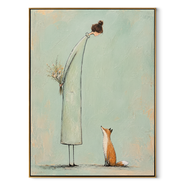 Fox Waits Beside White – Woman and Fox Painting | Modern Vertical Wall Art