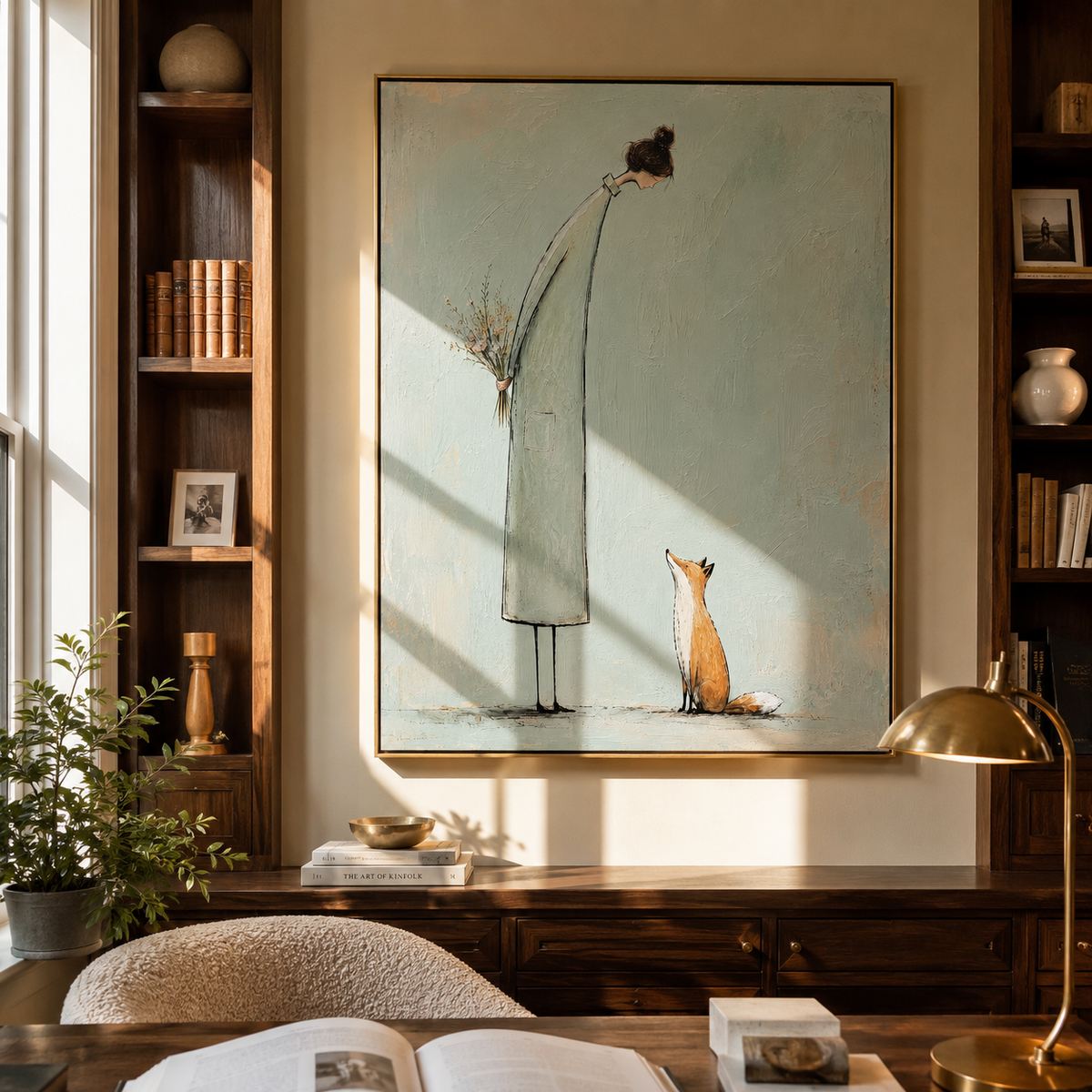 Fox Waits Beside White people and pets wall art above contemporary furnishings