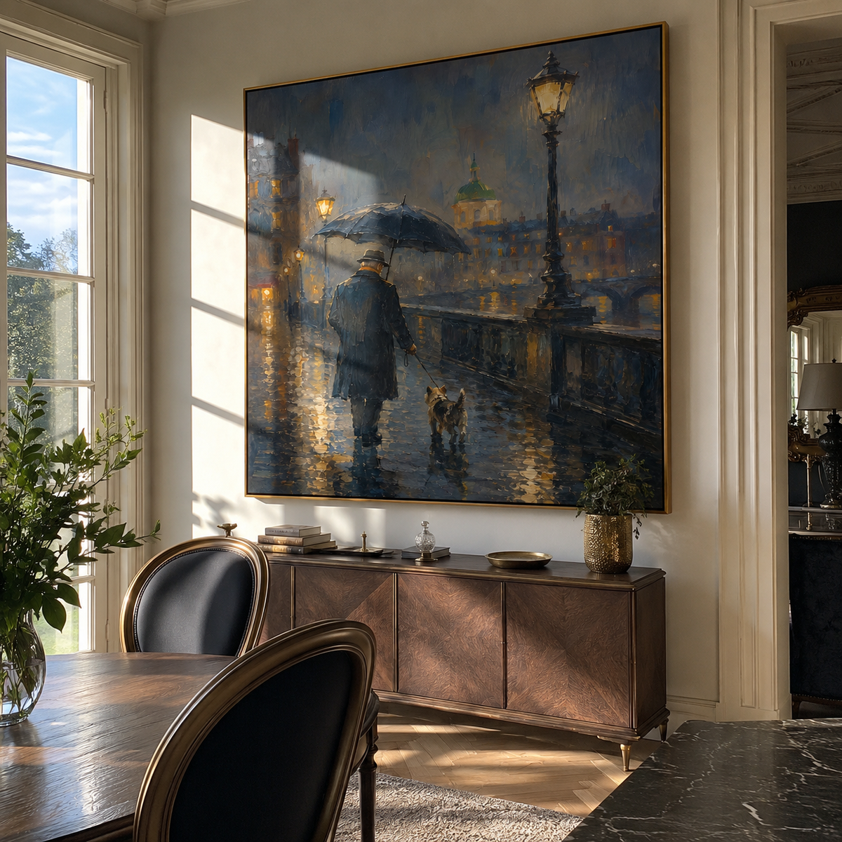Lamplight Guides Rainy Walk painting presented in an alternate room setting