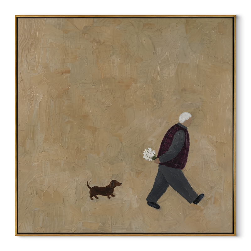 Small Hound Follows Flowers – Elder with Flowers and Dog Painting | Modern Square Wall Art