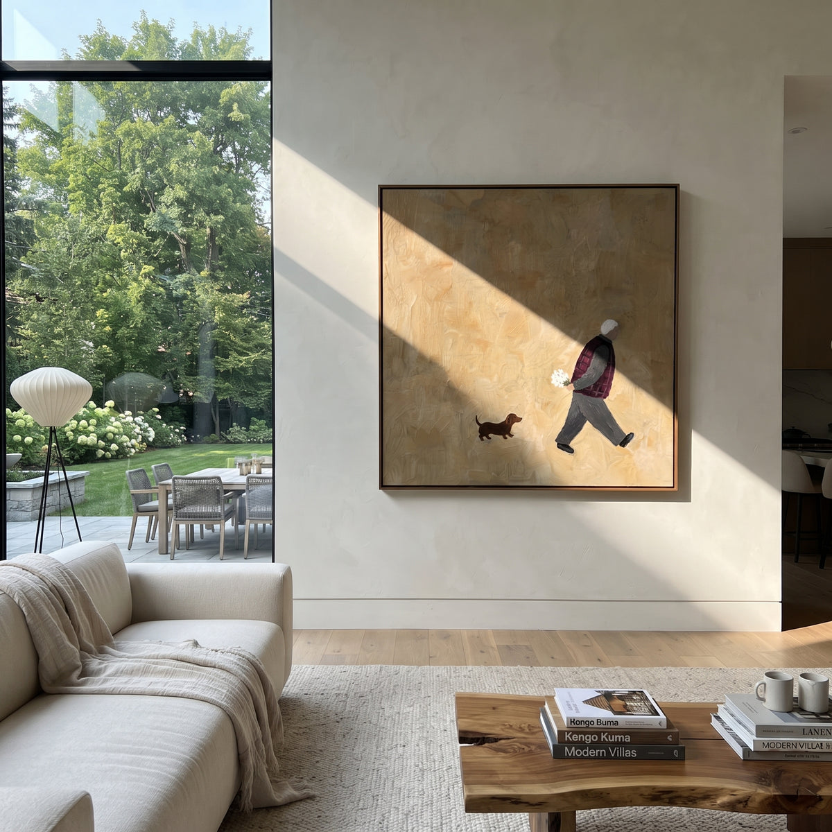 Small Hound Follows Flowers people and pets wall art above contemporary furnishings