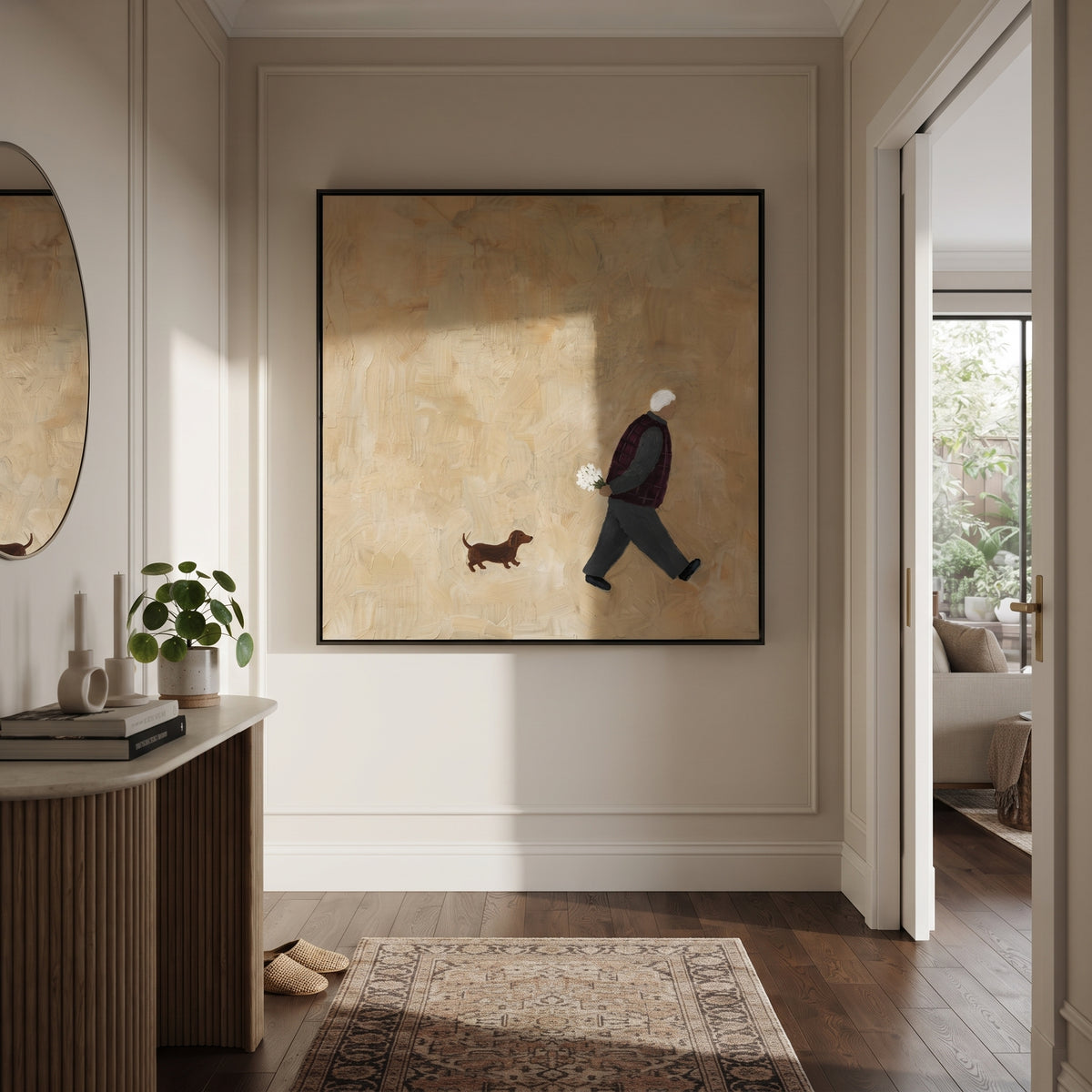 Small Hound Follows Flowers displayed with natural materials and quiet decor