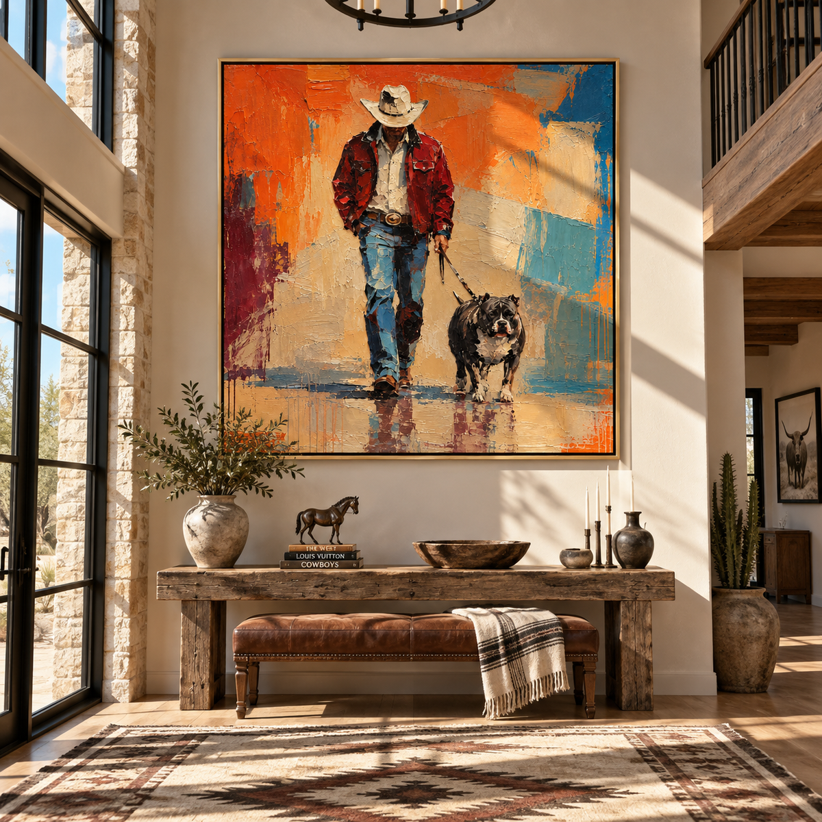 Bright Street Shaggy Friend cowboy walking shaggy dog painting displayed in a styled interior
