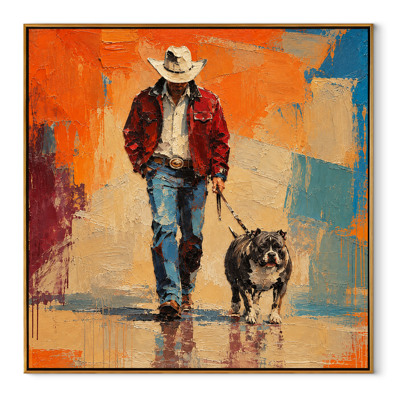 Bright Street Shaggy Friend – Cowboy Walking Shaggy Dog Painting | Modern Square Wall Art