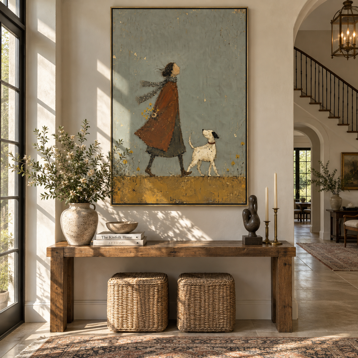 Amber Walk Keeps Pace minimalist woman and dog painting displayed in a styled interior