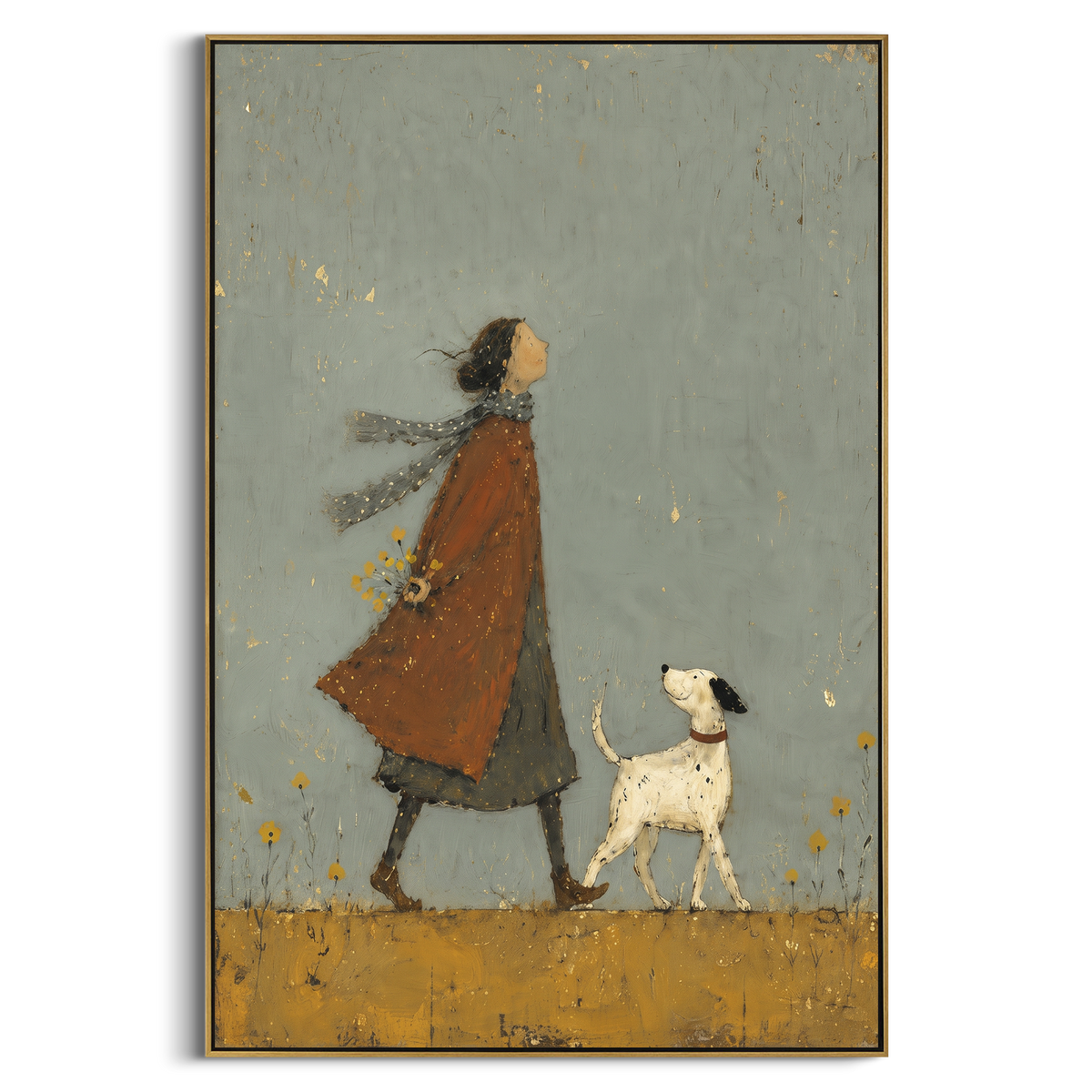 Amber Walk Keeps Pace vertical painting in a wood frame on a white background