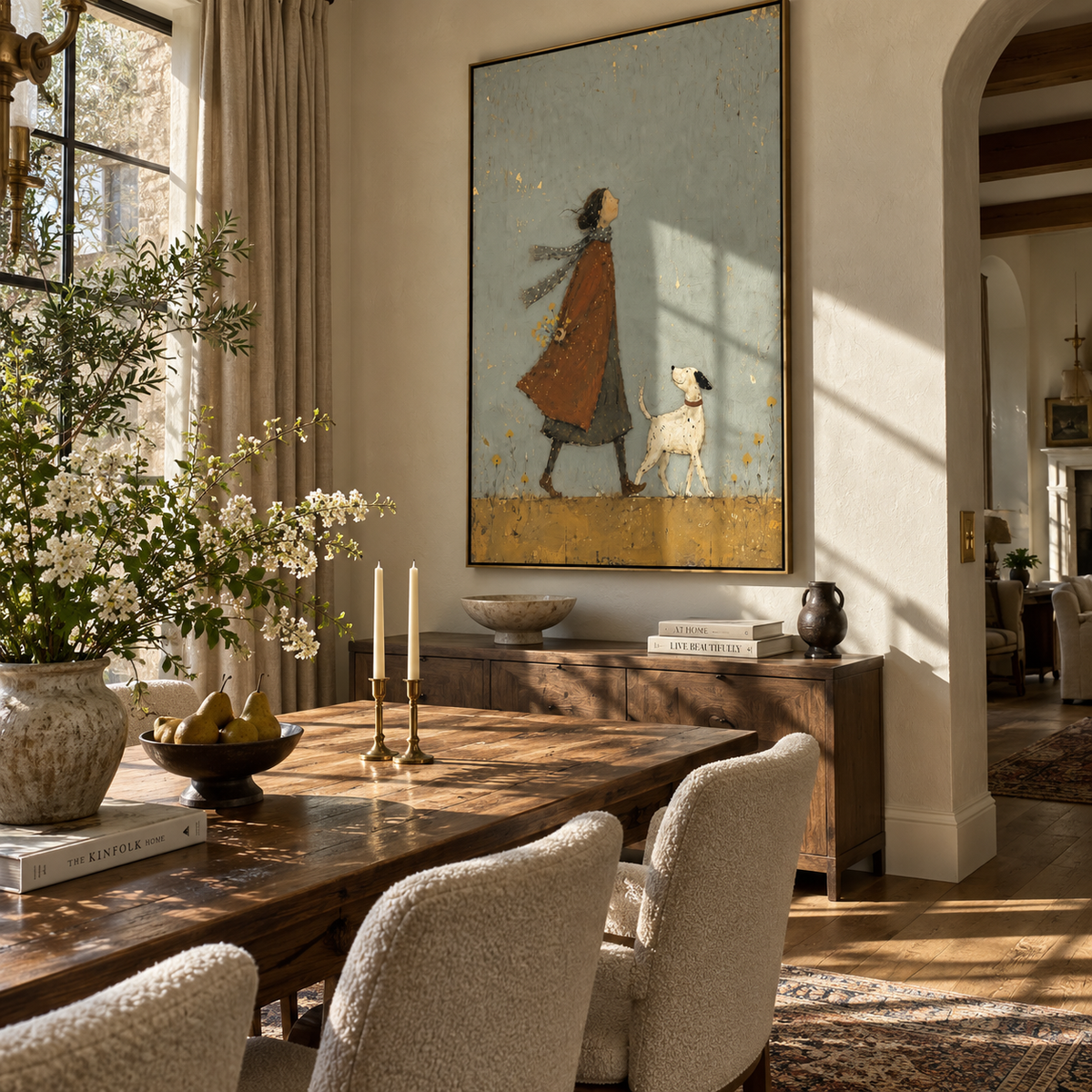 Amber Walk Keeps Pace people and pets wall art in a contemporary room