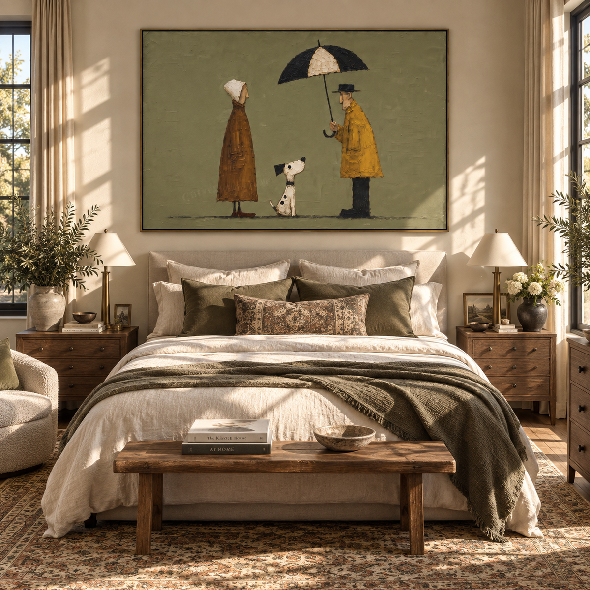 Umbrella Meeting at Noon folk couple and dog painting displayed in a styled interior