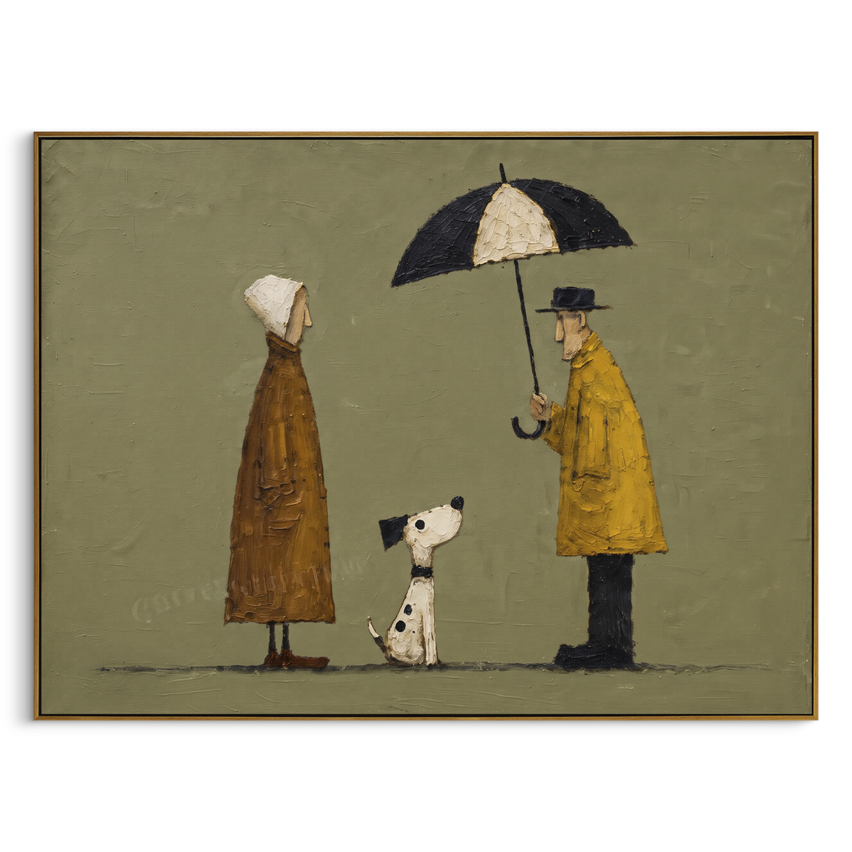 Umbrella Meeting at Noon horizontal painting in a wood frame on a white background