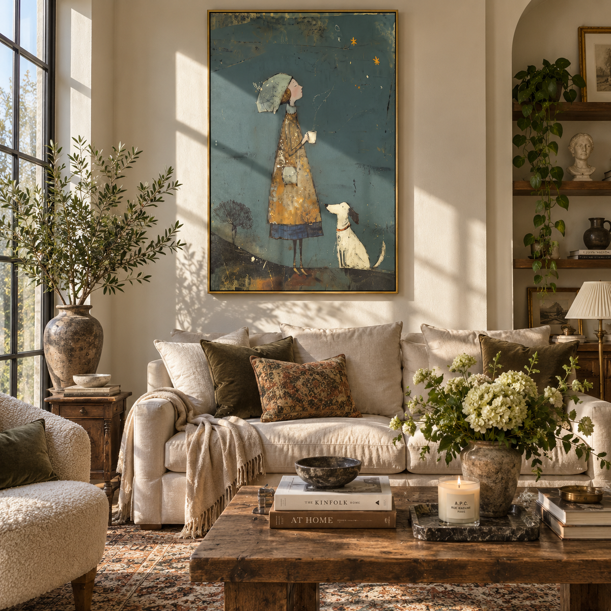 Stars Above Faithful Company whimsical woman and dog painting displayed in a styled interior