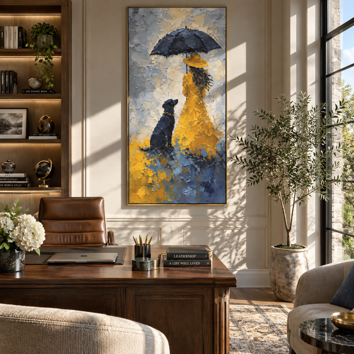 Blue Rain Yellow Coat woman and dog rain painting displayed in a styled interior