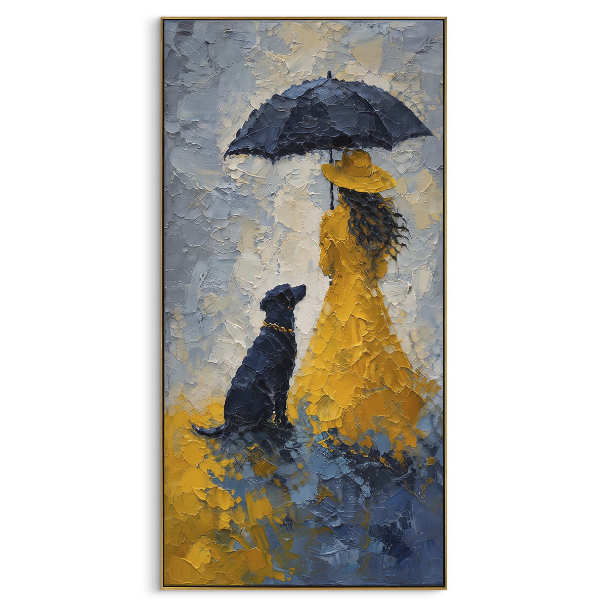 Blue Rain Yellow Coat vertical painting in a wood frame on a white background