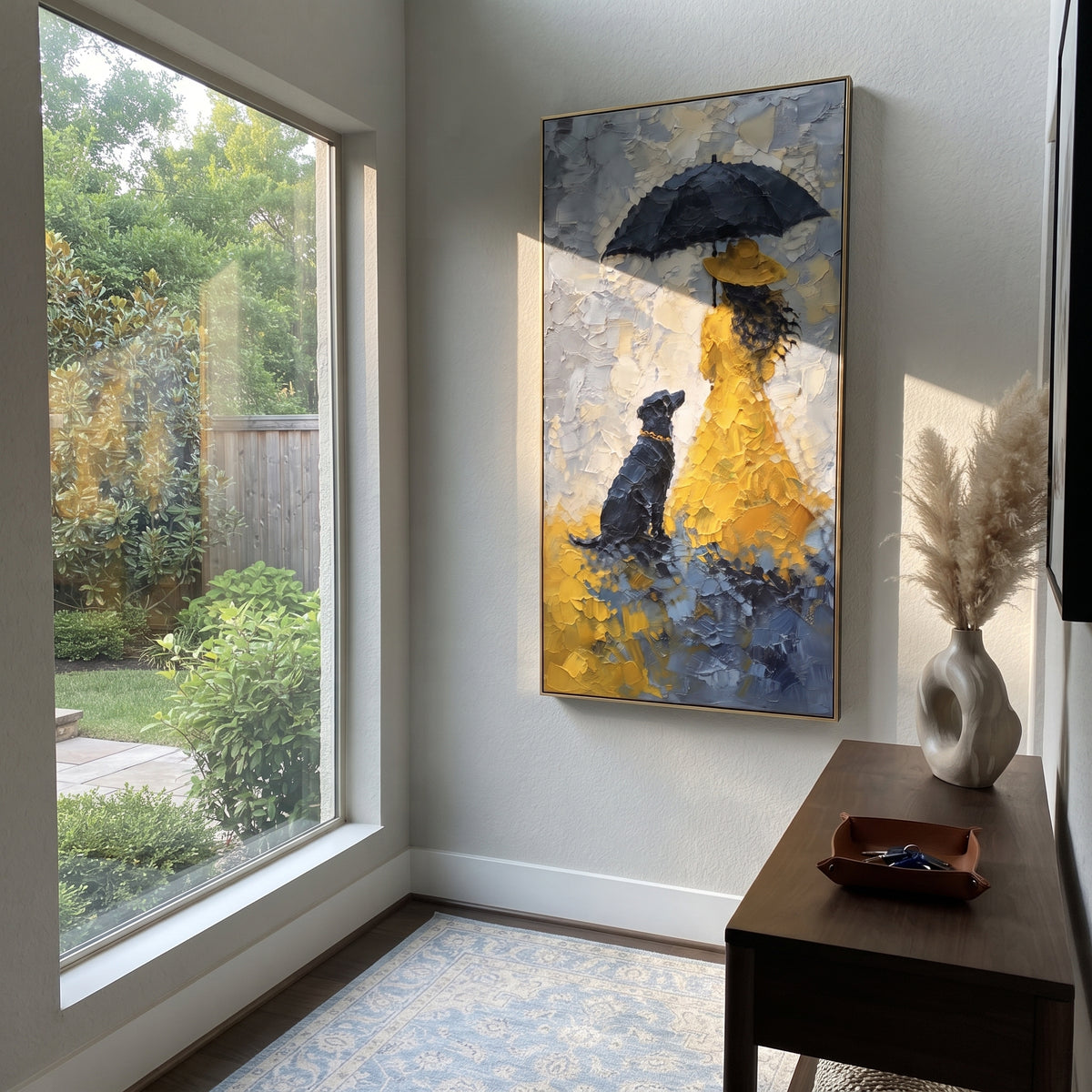 Blue Rain Yellow Coat people and pets wall art in a contemporary room
