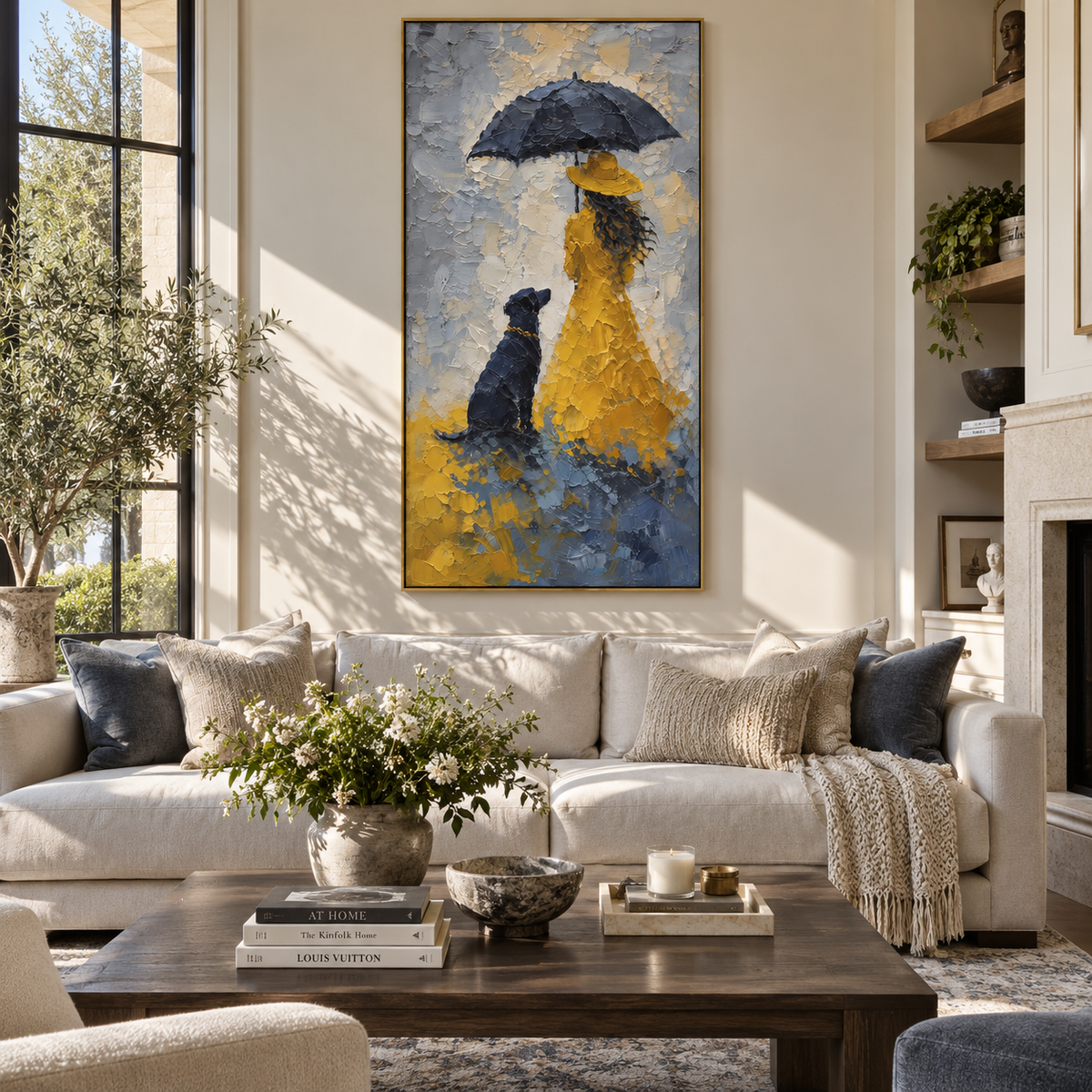 Blue Rain Yellow Coat painting displayed above modern furnishings
