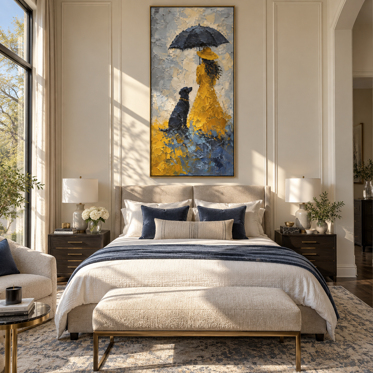Blue Rain Yellow Coat artwork styled as a warm interior focal point