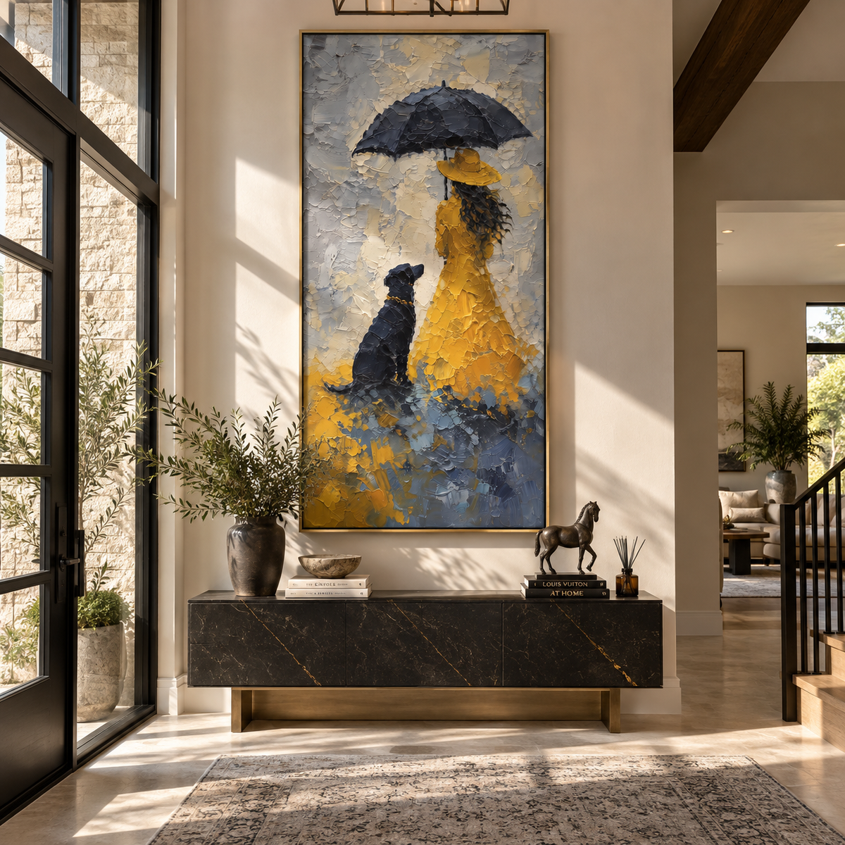 Blue Rain Yellow Coat displayed with natural materials and quiet decor