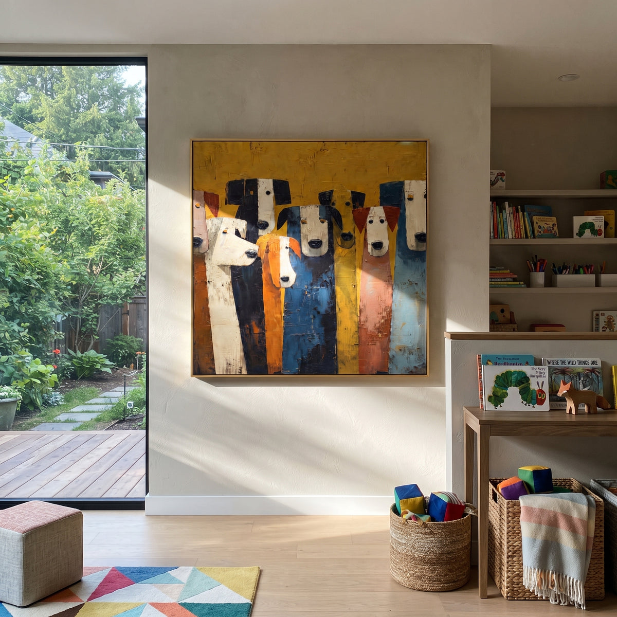 Many Hounds Wait Together people and pets wall art in a contemporary room