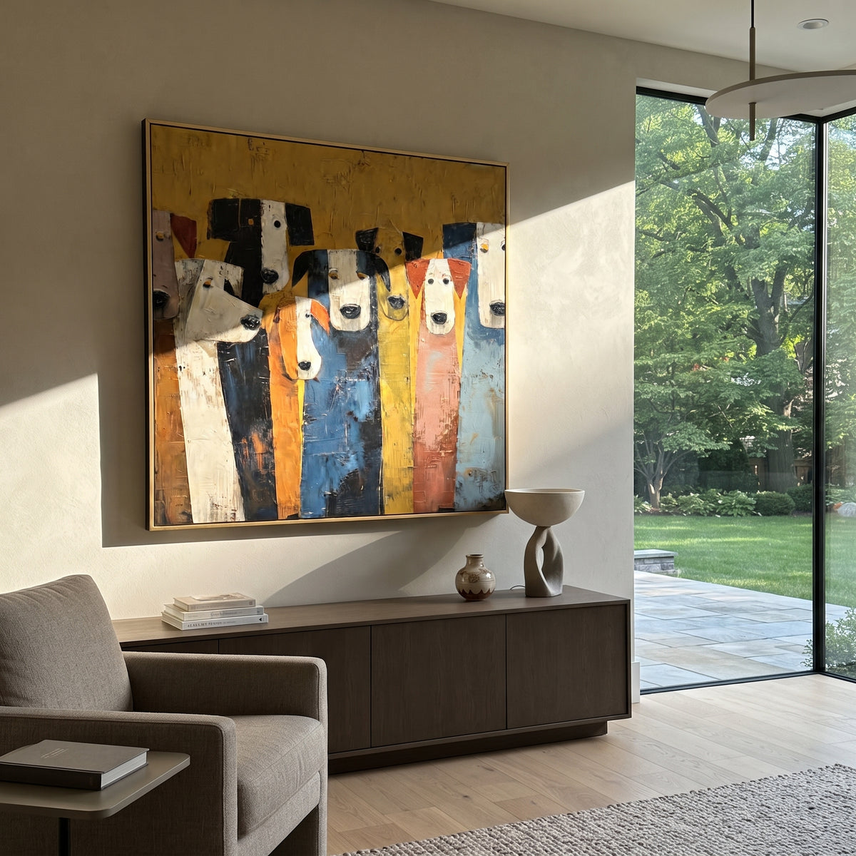 Many Hounds Wait Together painting displayed above modern furnishings