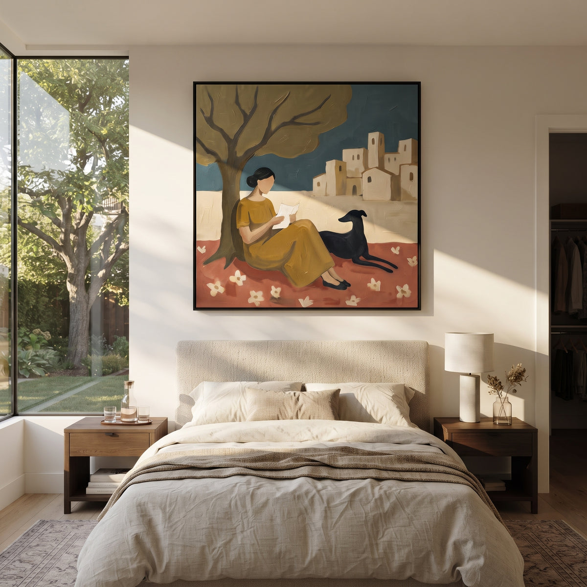 Reading Beneath Bare Branches painting displayed above modern furnishings