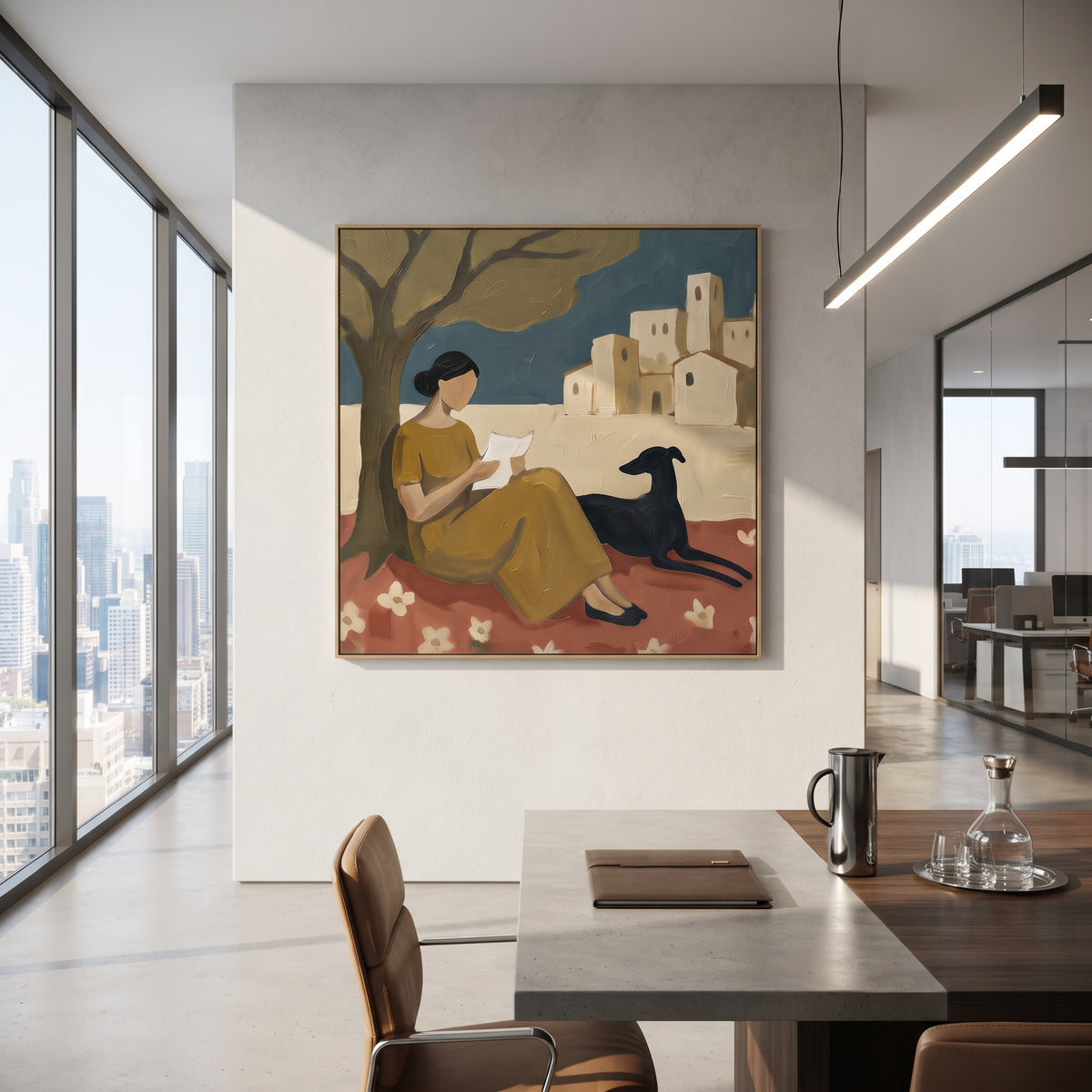 Reading Beneath Bare Branches artwork styled as a warm interior focal point