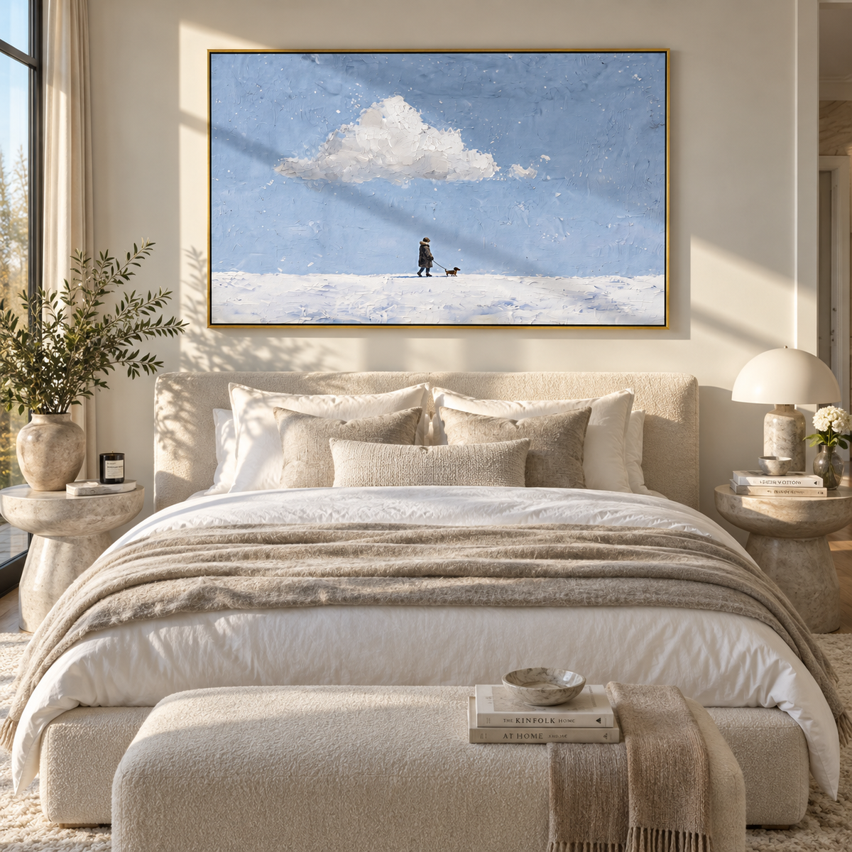 Small Steps Across Snow minimalist snow walk painting displayed in a styled interior