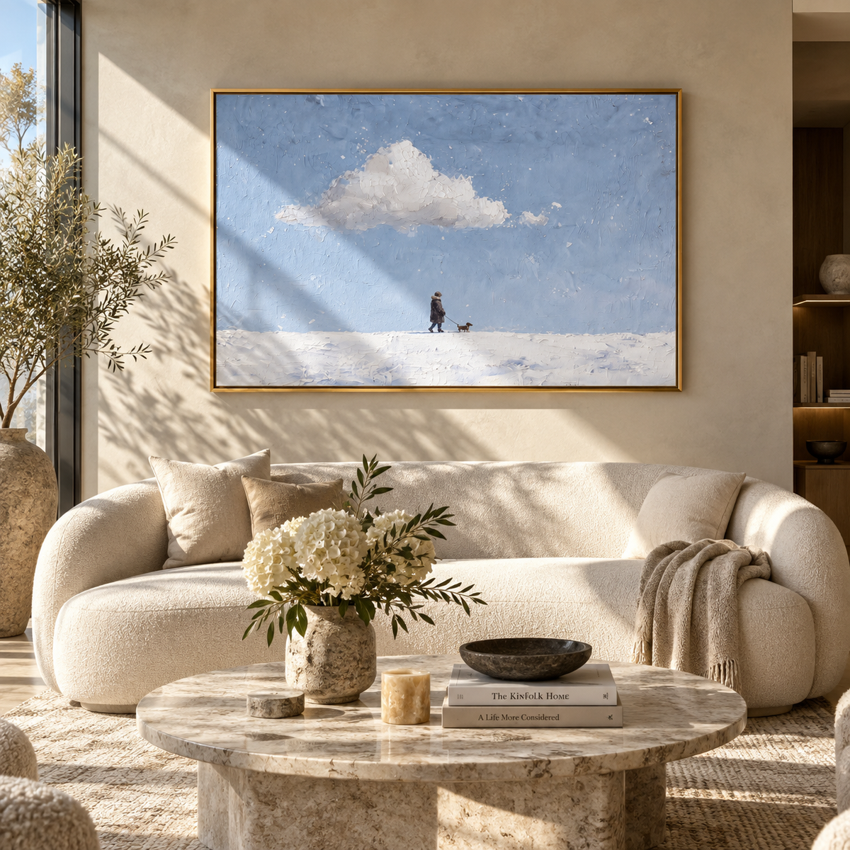 Small Steps Across Snow displayed with natural materials and quiet decor