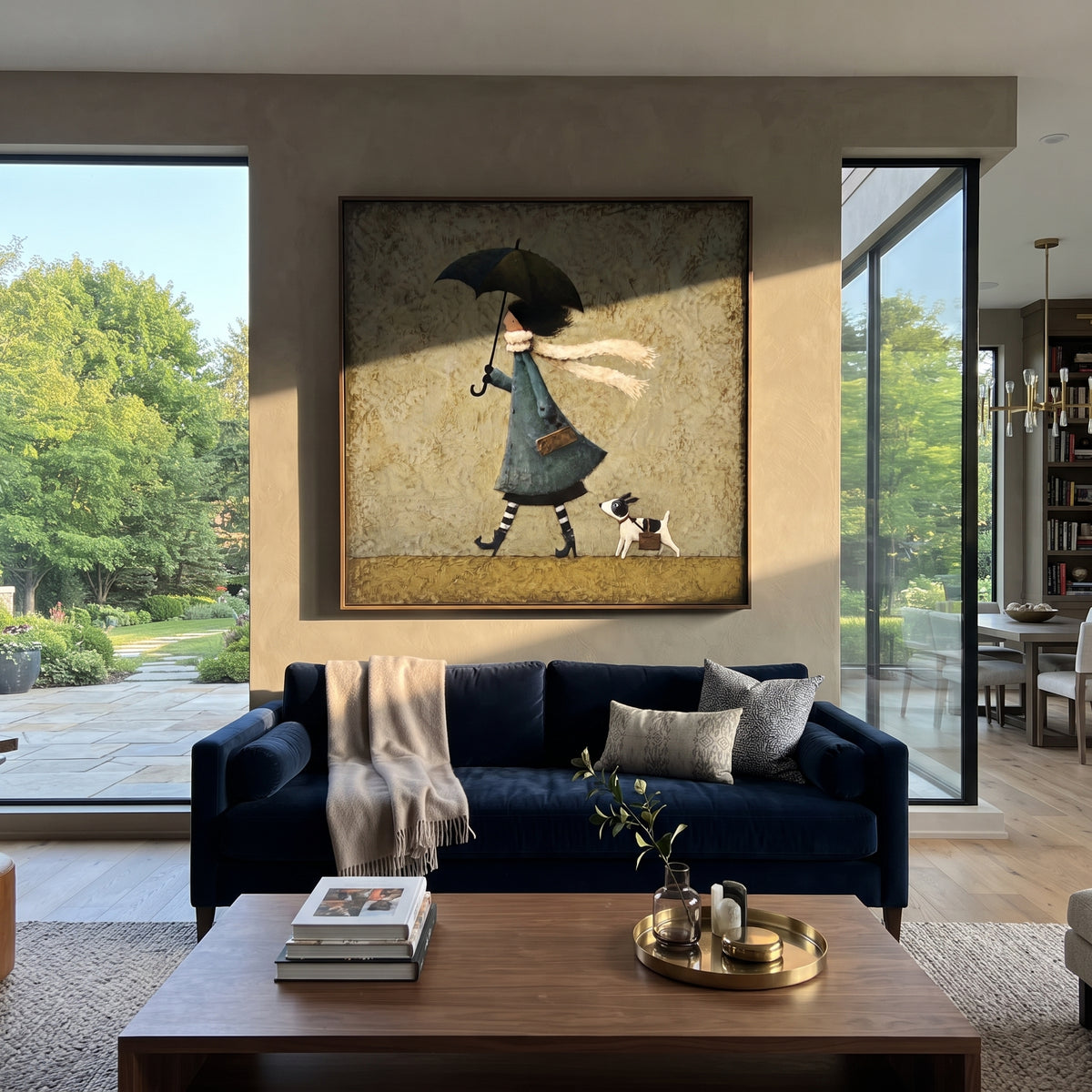 Wind Carries Their Scarves people and pets wall art in a contemporary room