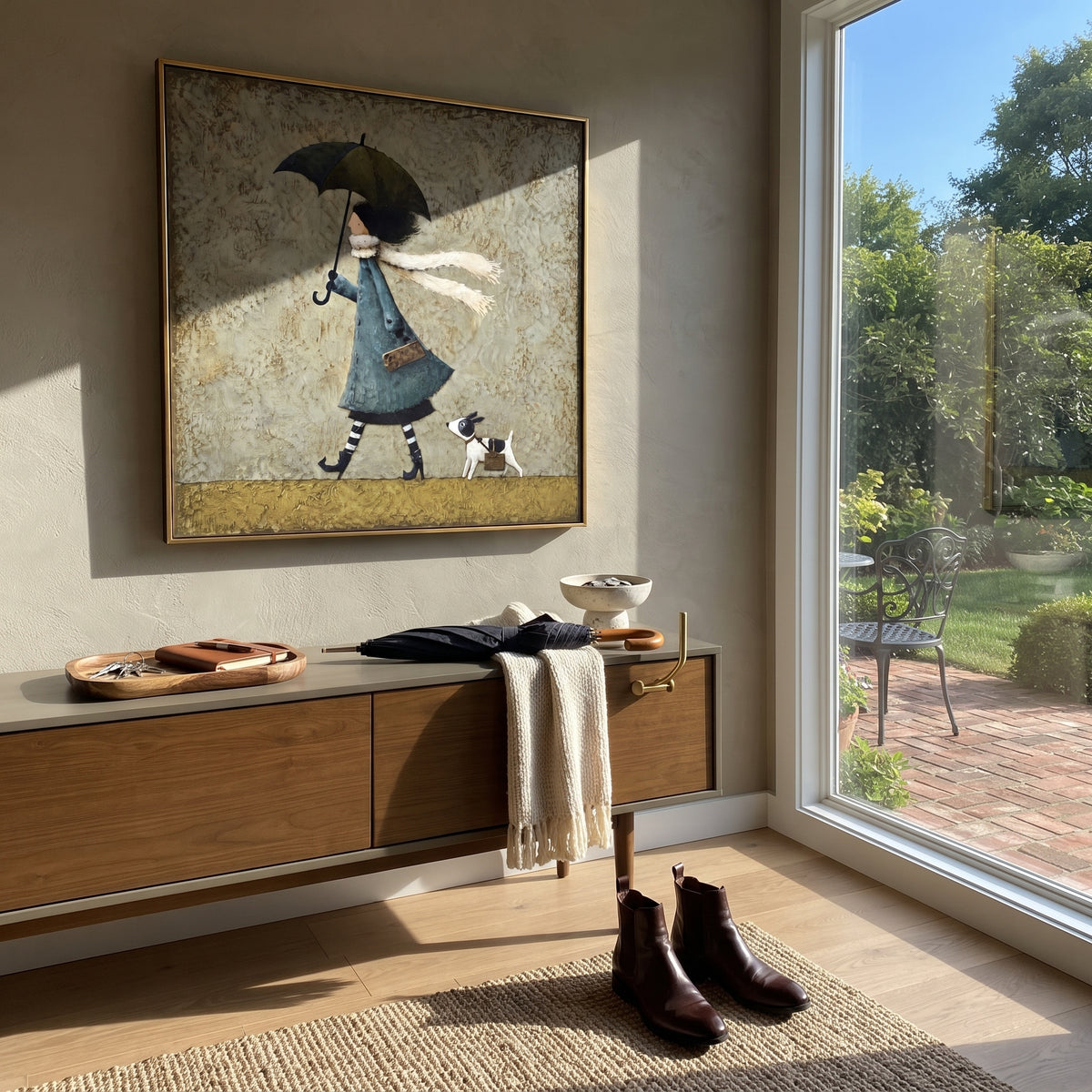 Wind Carries Their Scarves painting displayed above modern furnishings