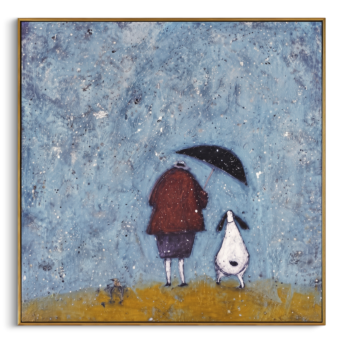 Rain Finds Two Friends square painting in a wood frame on a white background