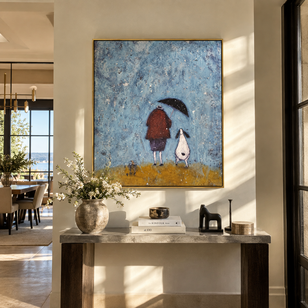 Rain Finds Two Friends artwork styled as a warm interior focal point