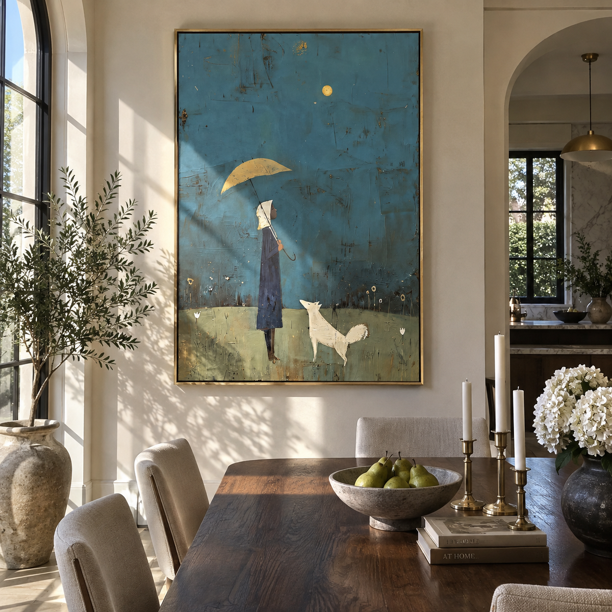 Moonlit Umbrella White Hound woman and white dog painting displayed in a styled interior