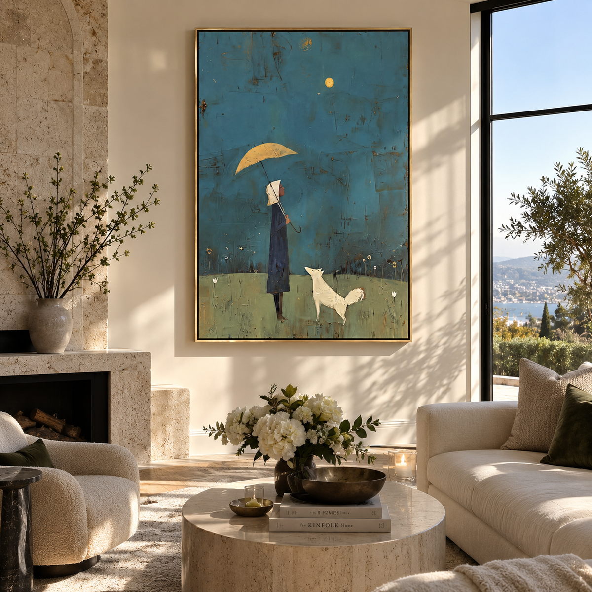 Moonlit Umbrella White Hound artwork styled as a warm interior focal point