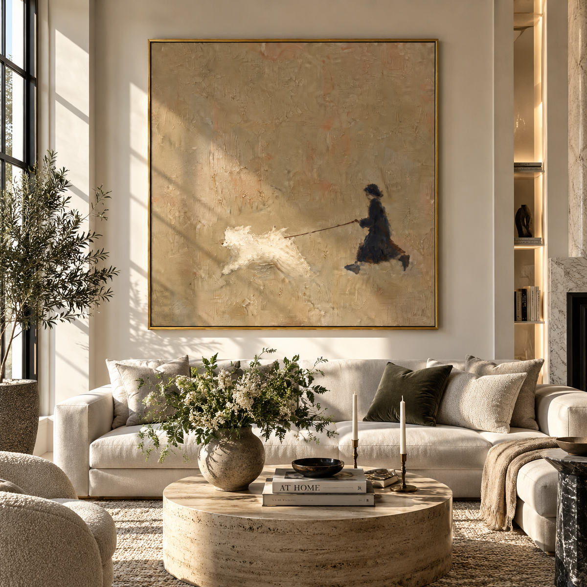 Pale Field Long Leash minimalist dog walk painting displayed in a styled interior