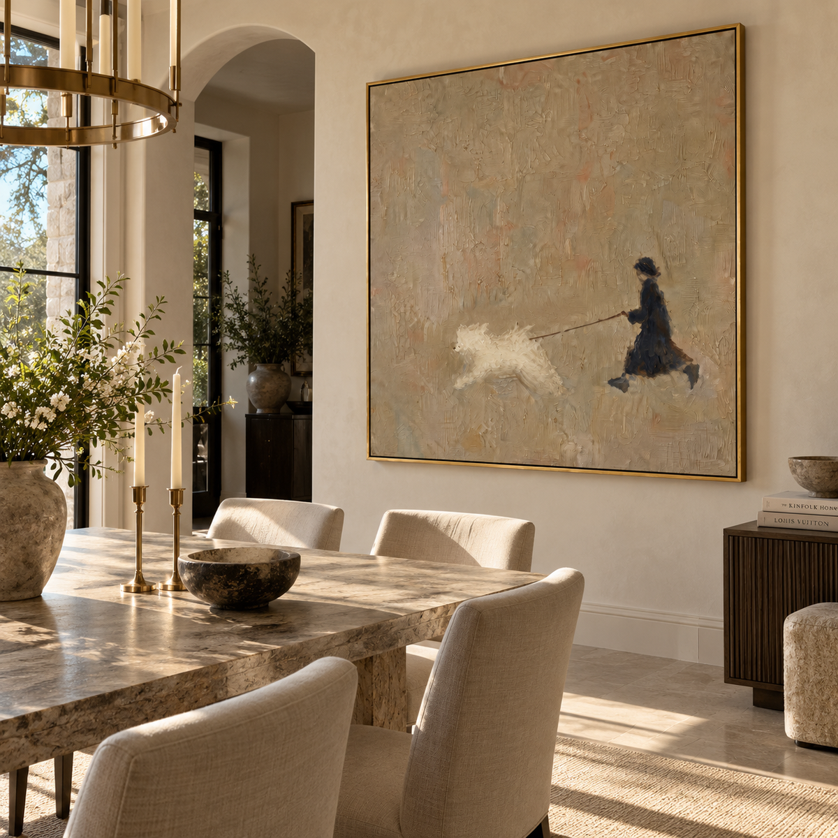 Pale Field Long Leash people and pets wall art in a contemporary room