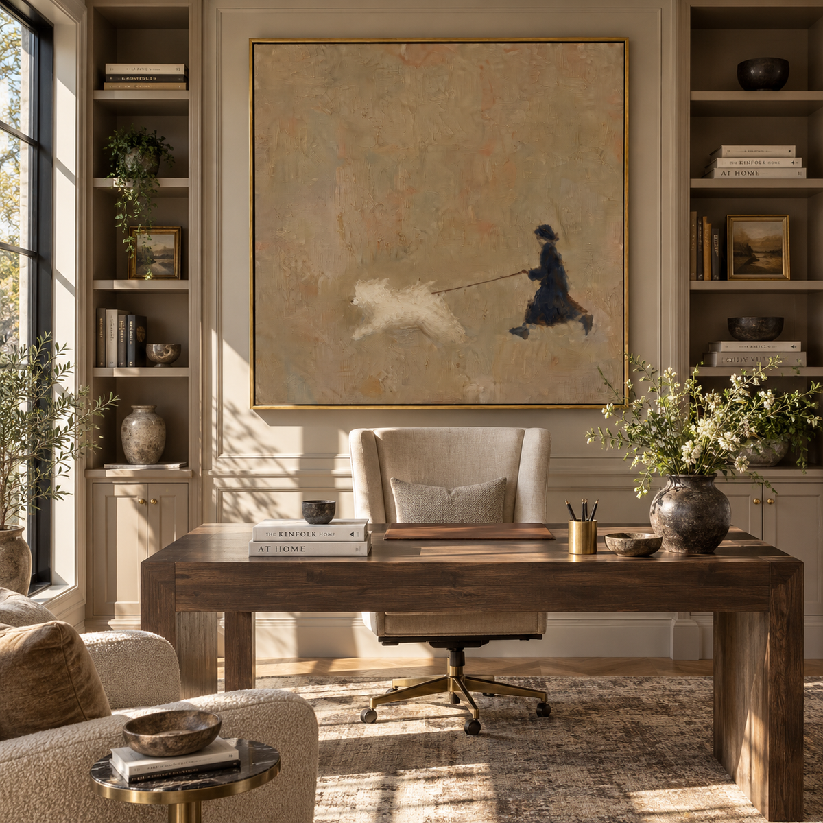 Pale Field Long Leash painting displayed above modern furnishings