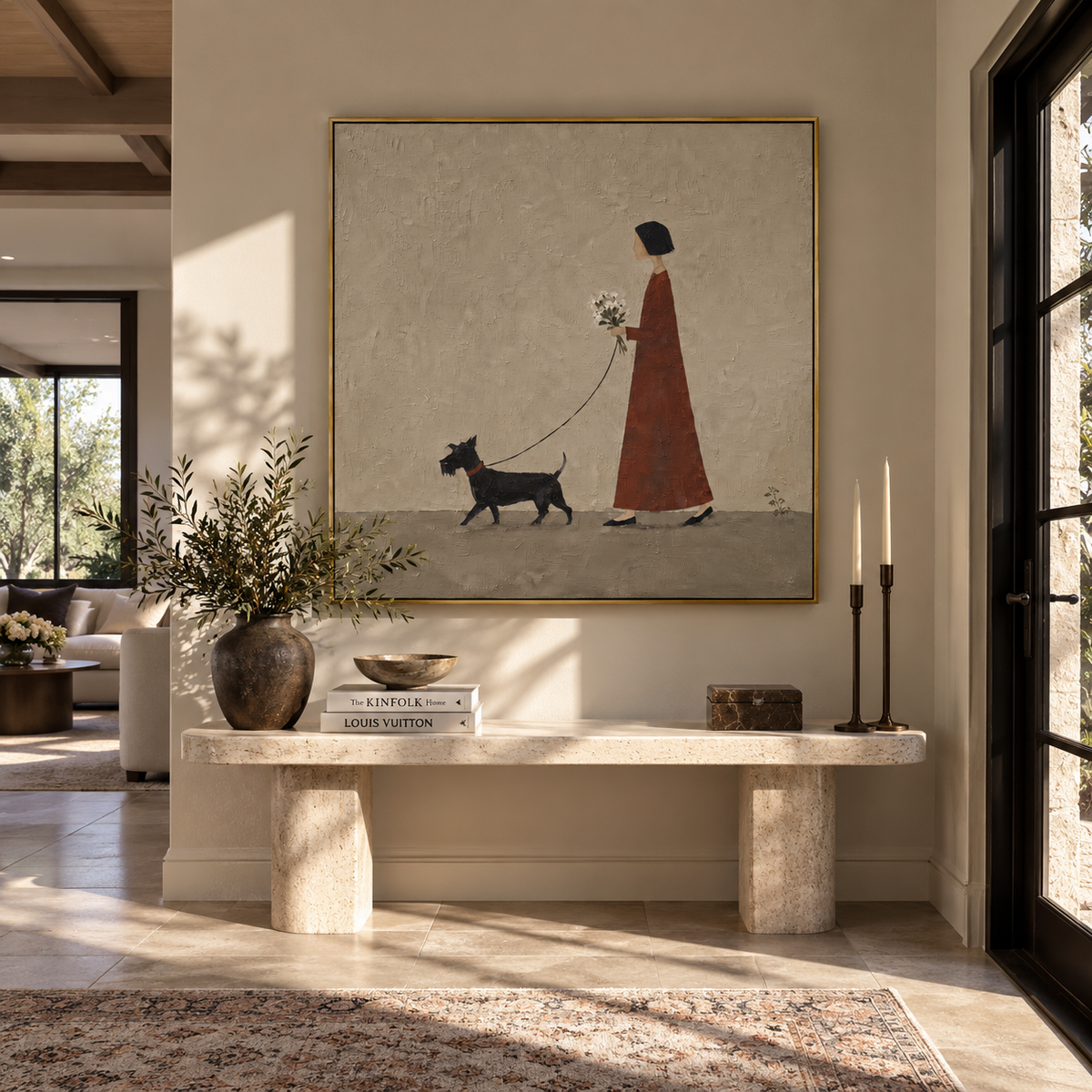 Flowers Along Quiet Ground woman walking black dog painting displayed in a styled interior