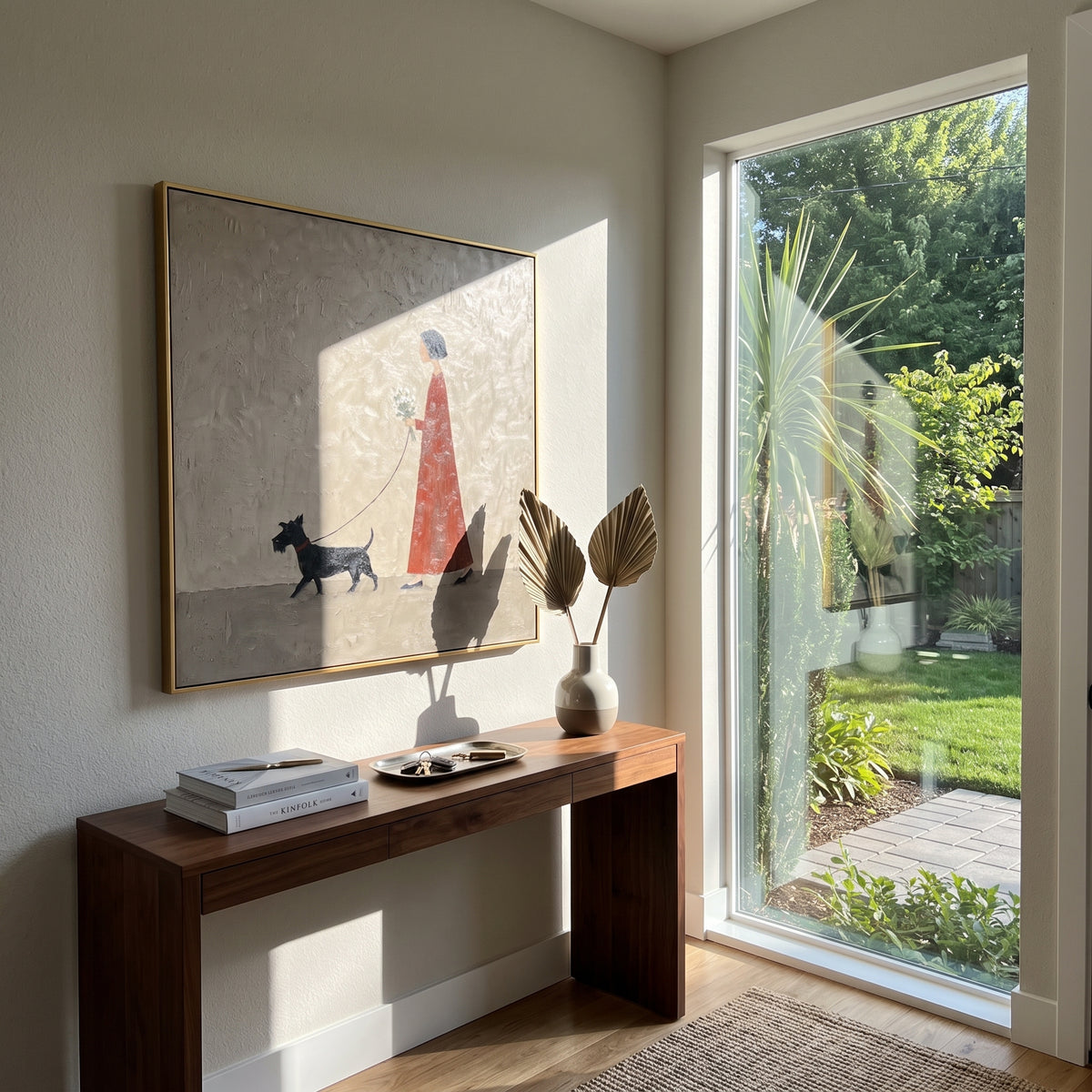Flowers Along Quiet Ground painting displayed above modern furnishings